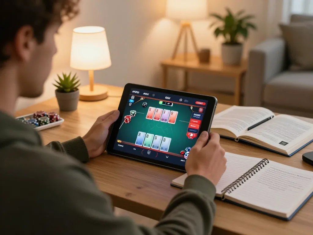 A player uses a tablet to engage in poker games at king33, enjoying a cozy home gaming atmosphere with strategy notes