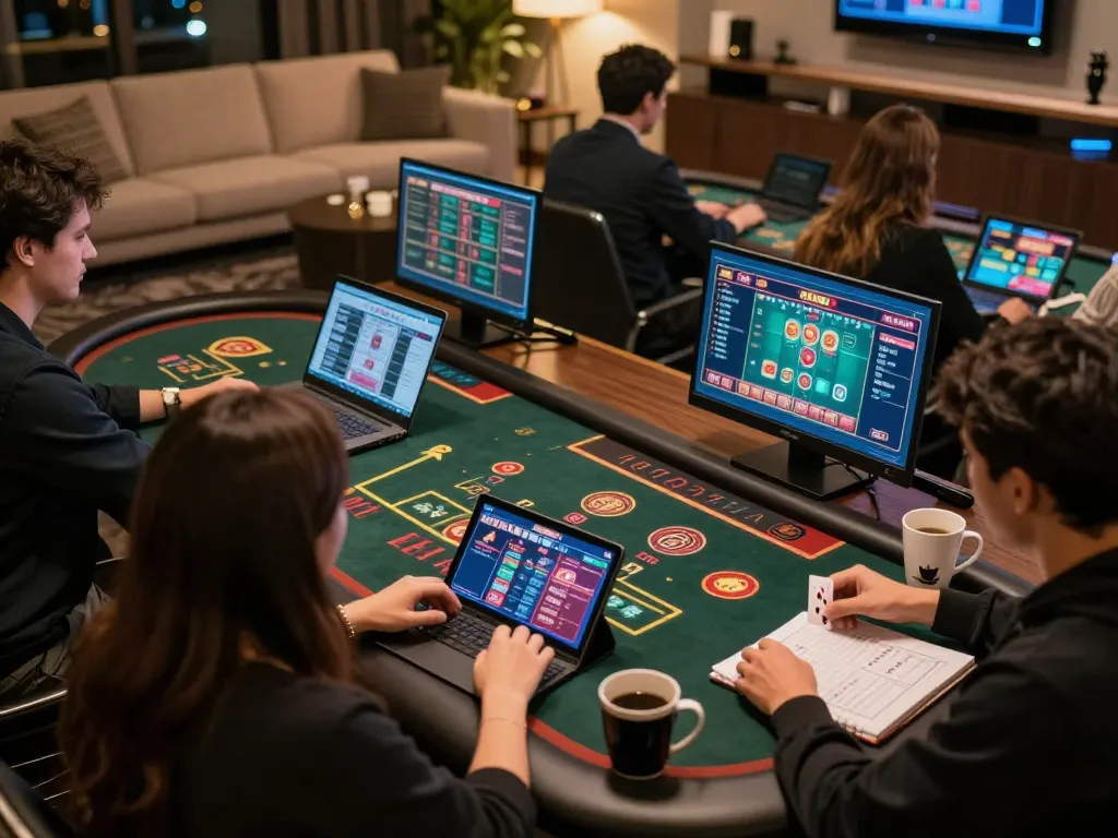 Players enjoying live dealer games on 8kbet in modern home casino setup, showcasing online gambling excitement.