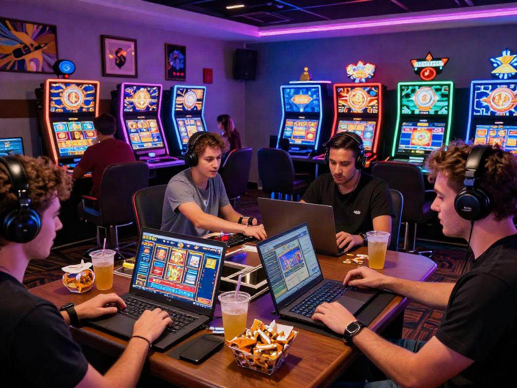 Players engaging with situs casino games on laptops and tablets in a lively atmosphere, showcasing excitement and interaction.