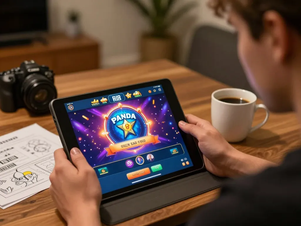 Engaging with Spin Panda casino on a tablet, showcasing thrilling online gambling at home.
