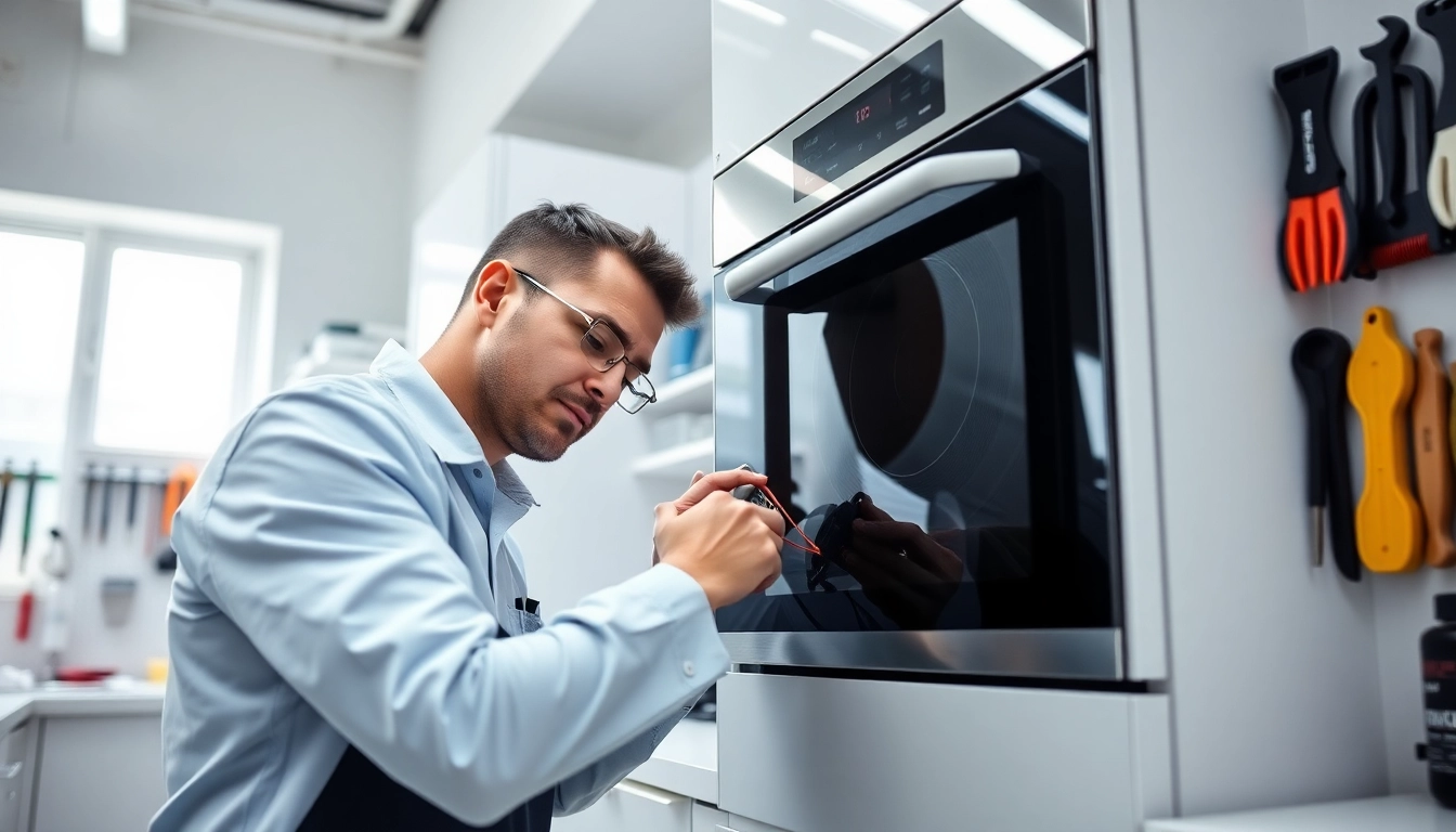 Expert appliance repair near me in action, showcasing a technician fixing a kitchen appliance.