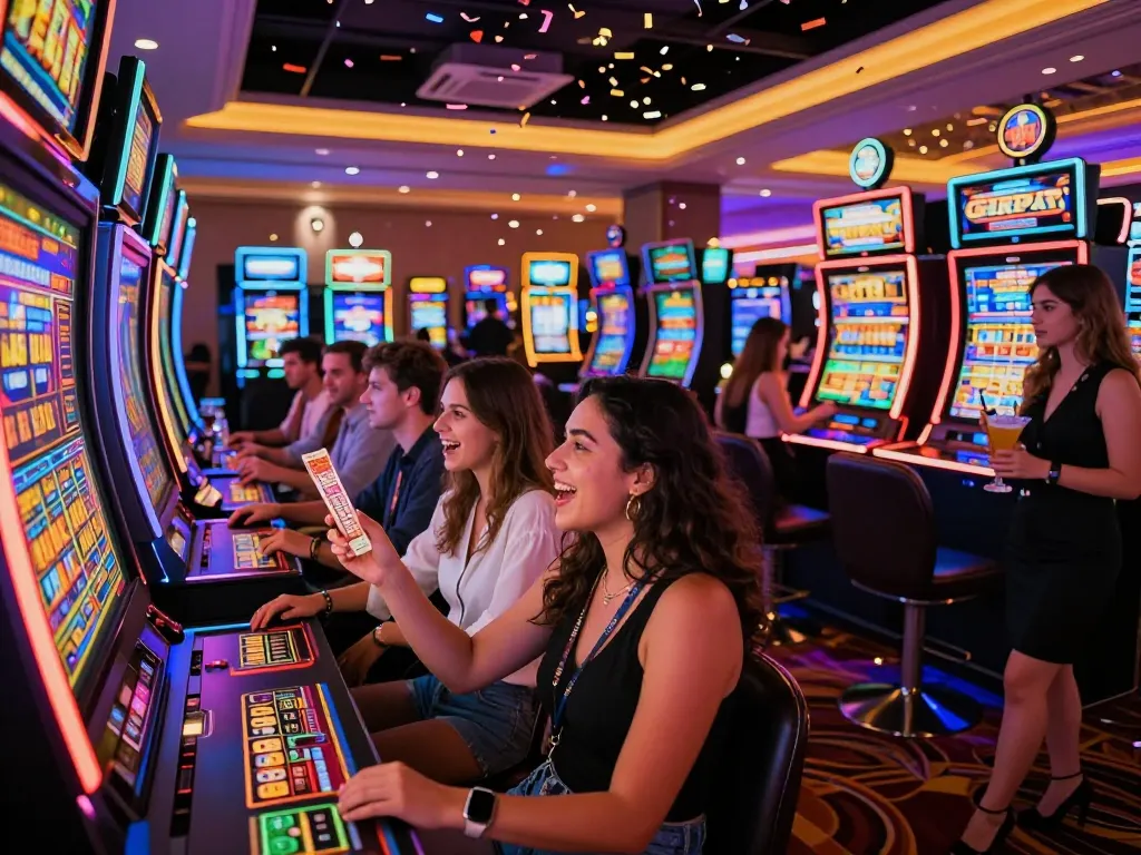 Friends celebrating a win at a link slot machine in a lively casino environment with flashing lights.