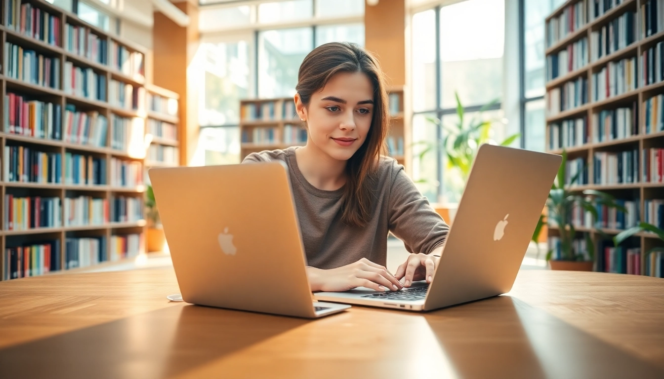 Usando un MacBook para estudiantes en un ambiente de estudio moderno y luminoso.