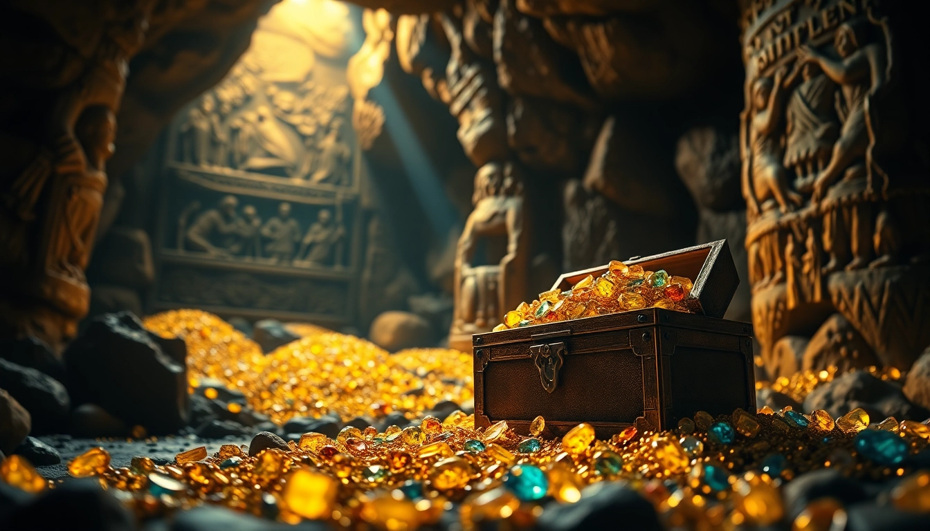 Discover the treasures of King Solomon's Mine with a captivating view of a treasure chest overflowing with gems.