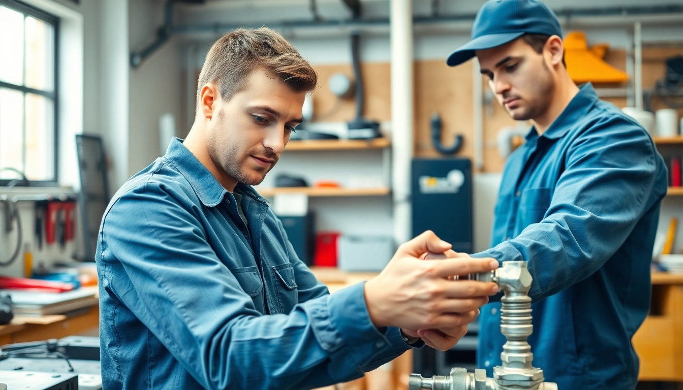 Plumbing apprenticeship in action as an apprentice works with tools in a hands-on training environment.