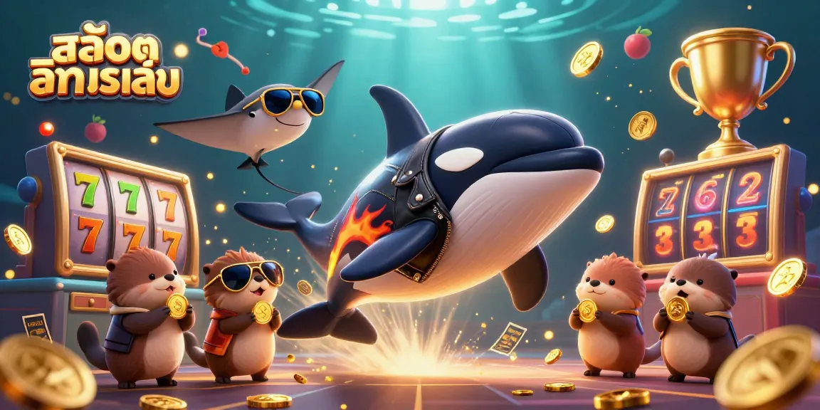 Play สล็อตทดลองเล่น with a vibrant underwater scene featuring a jumping orca and otters holding gold coins.