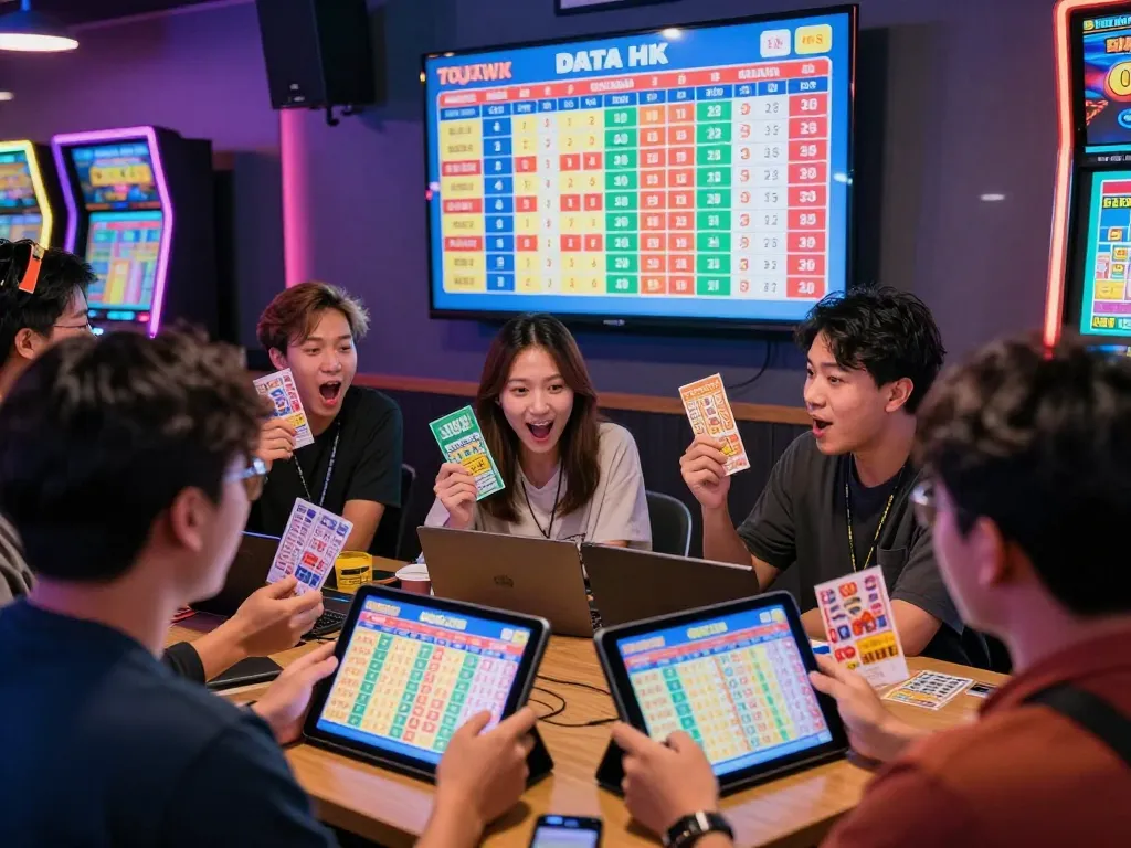 Excited players analyzing Data HK results in a vibrant lottery lounge atmosphere.