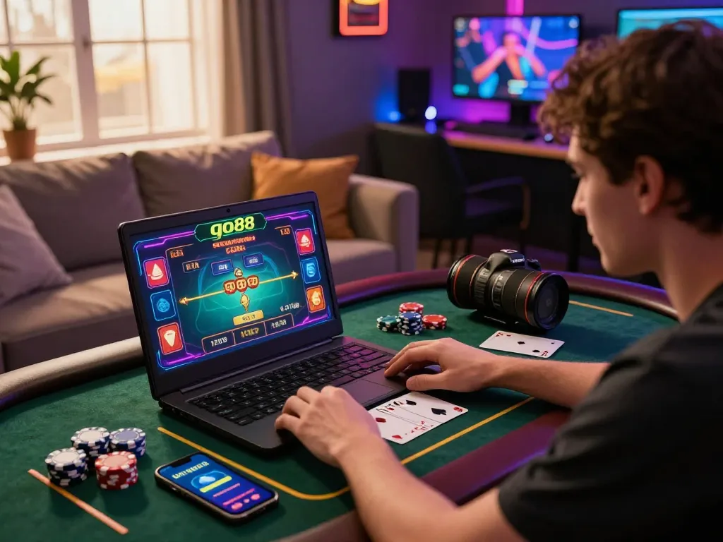 Engaged player enjoying the go88 online gaming experience with vibrant graphics and gaming props.