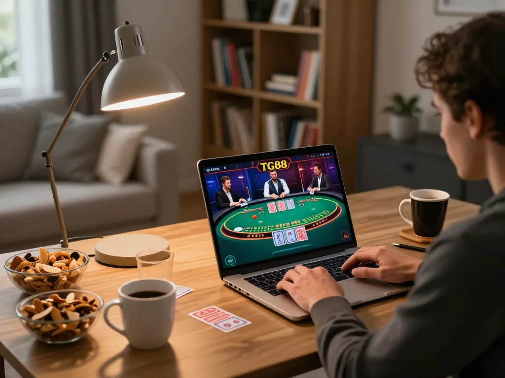 TG88 player engaging in exciting live blackjack game on laptop at home