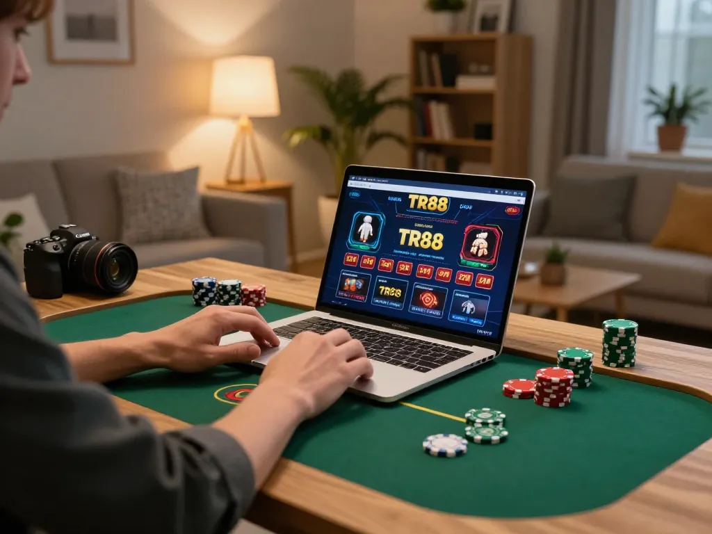 Engaged player using TR88 online casino on laptop, showcasing gambling strategy