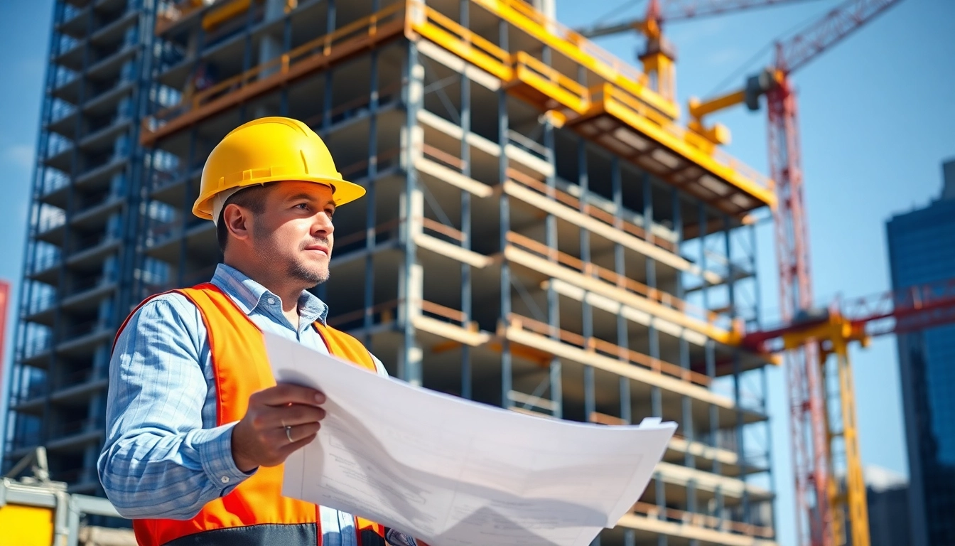 New York City General Contractor reviewing blueprints at a busy construction site.