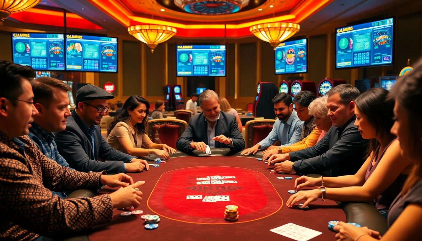 KPI4D immersive casino experience with players at a poker table, illuminated by vibrant lighting.