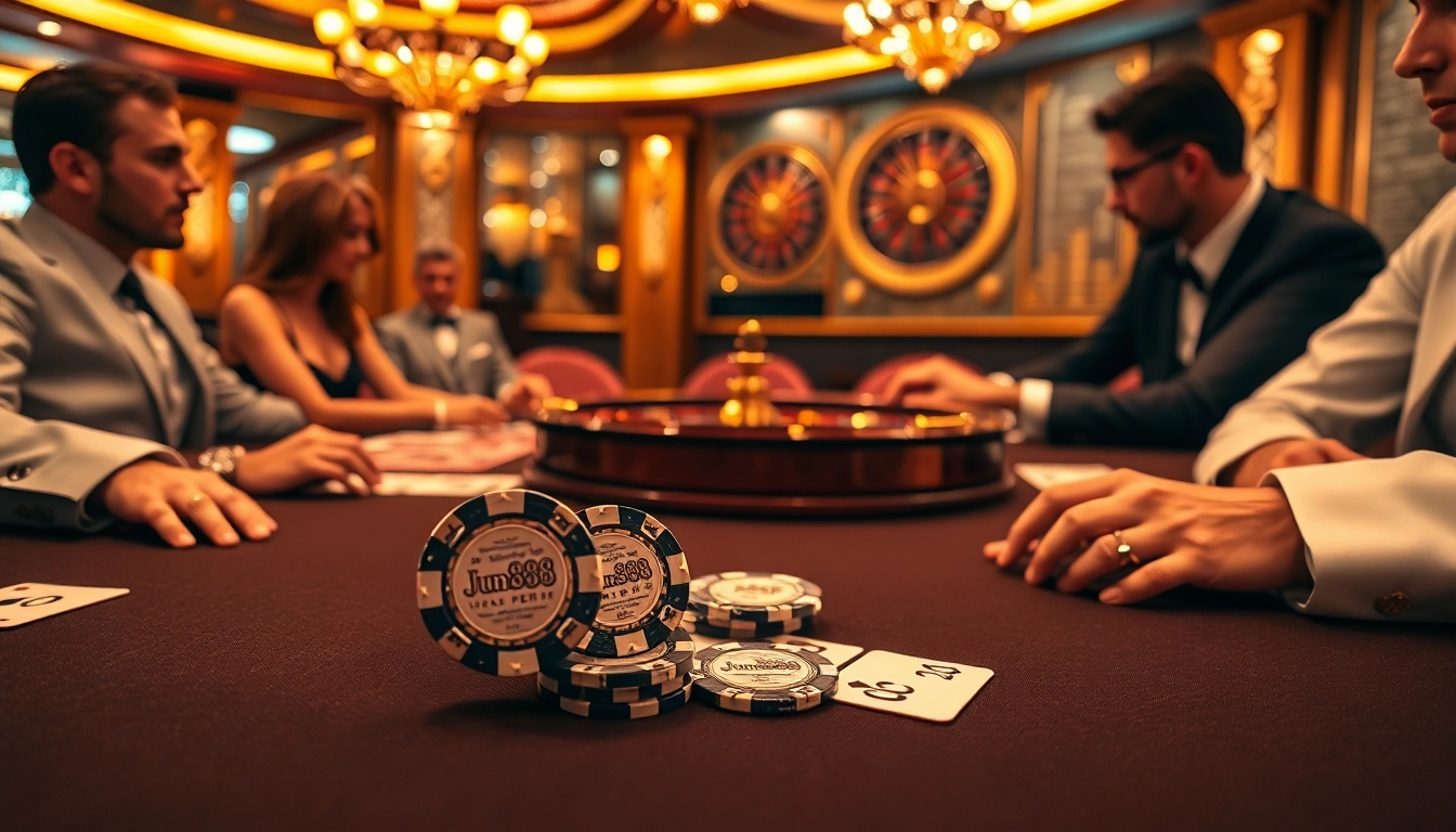 Players enjoying a thrilling poker game at Jun888 casino table, showcasing luxury and excitement.