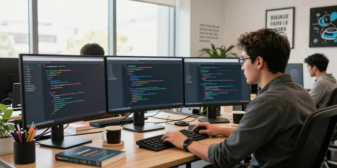 Developer coding 纸飞机中文版 on multiple screens in a modern office.