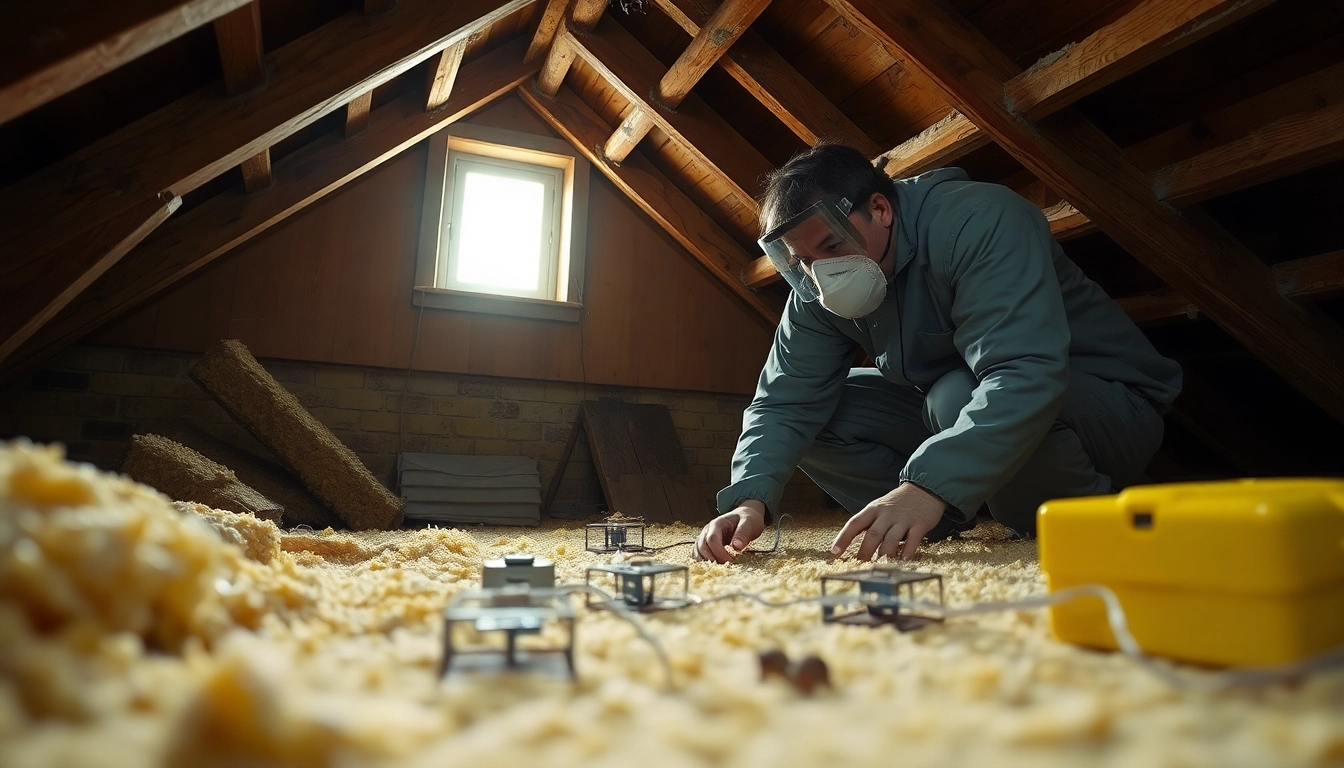 Technician conducting rats in attic removal inspections with traps and insulation visible.