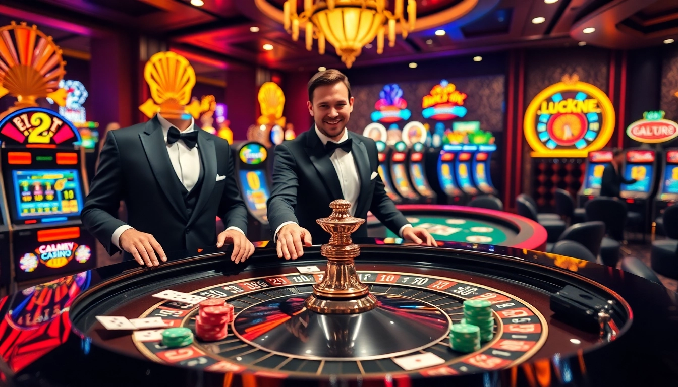 Experience the thrill of betting at LUCK8's luxurious casino with vibrant roulette and slot machines.