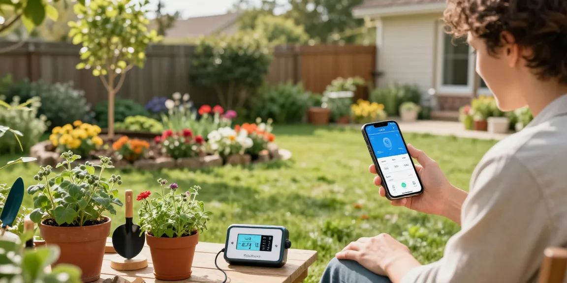 Rainpoint Irrigation Controllers displayed in a garden setting with vibrant plants and a smartphone app monitoring soil moisture and watering.
