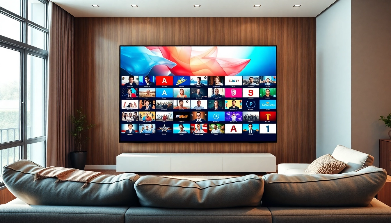 Engaging display of IPTV streams on a modern digital screen in a stylish living room.