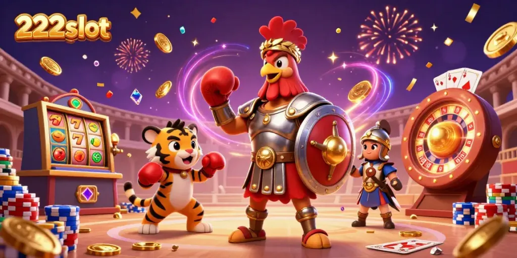Permainan menarik dengan 222slot di arena kasino, dihiasi koin emas dan kisaran slot yang menawan.