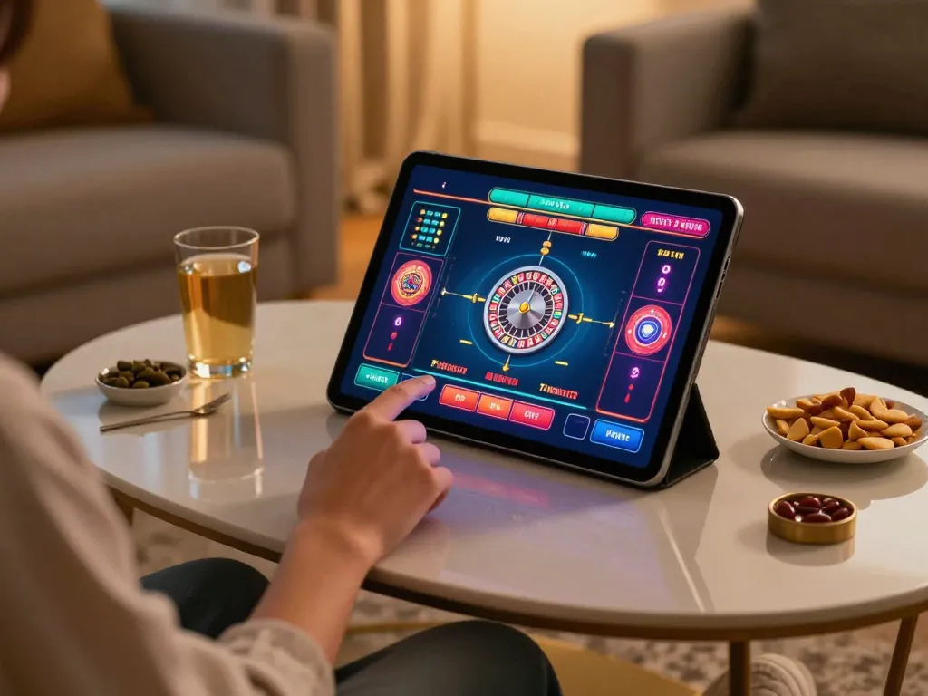 Luck8 user enjoying a thrilling roulette game on a tablet in a cozy home setup.