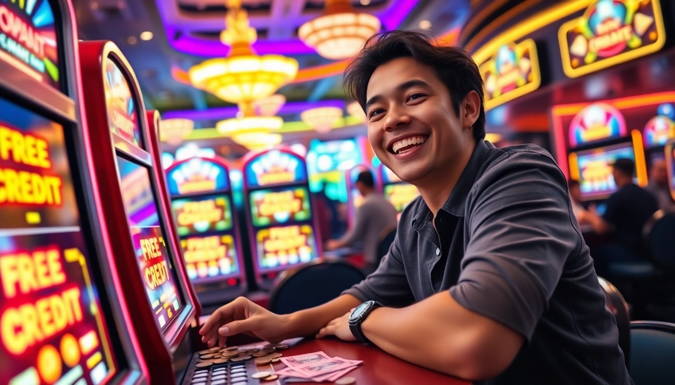 Exciting atmosphere featuring a player enjoying Free Credit Slot on vibrant, colorful machines in a casino.