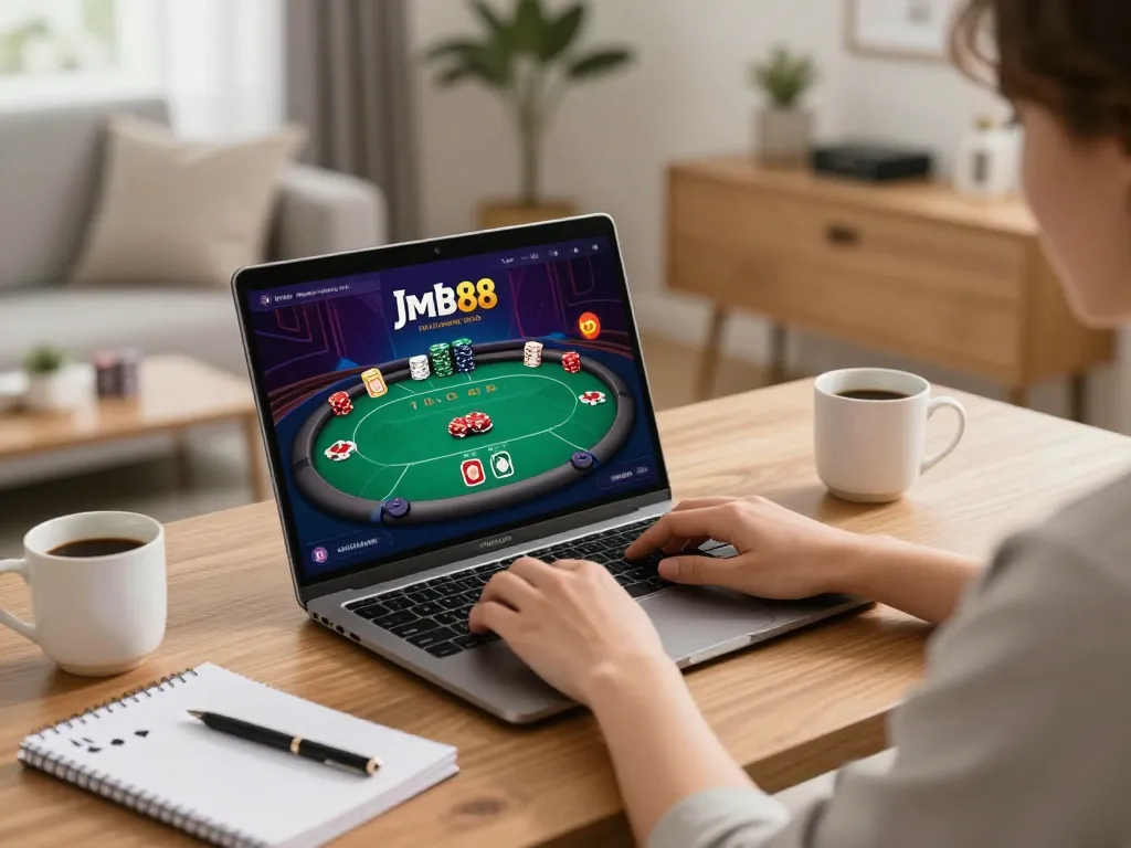 Engaging online gambling session at jmb88 showcasing poker game on laptop and cozy home setup
