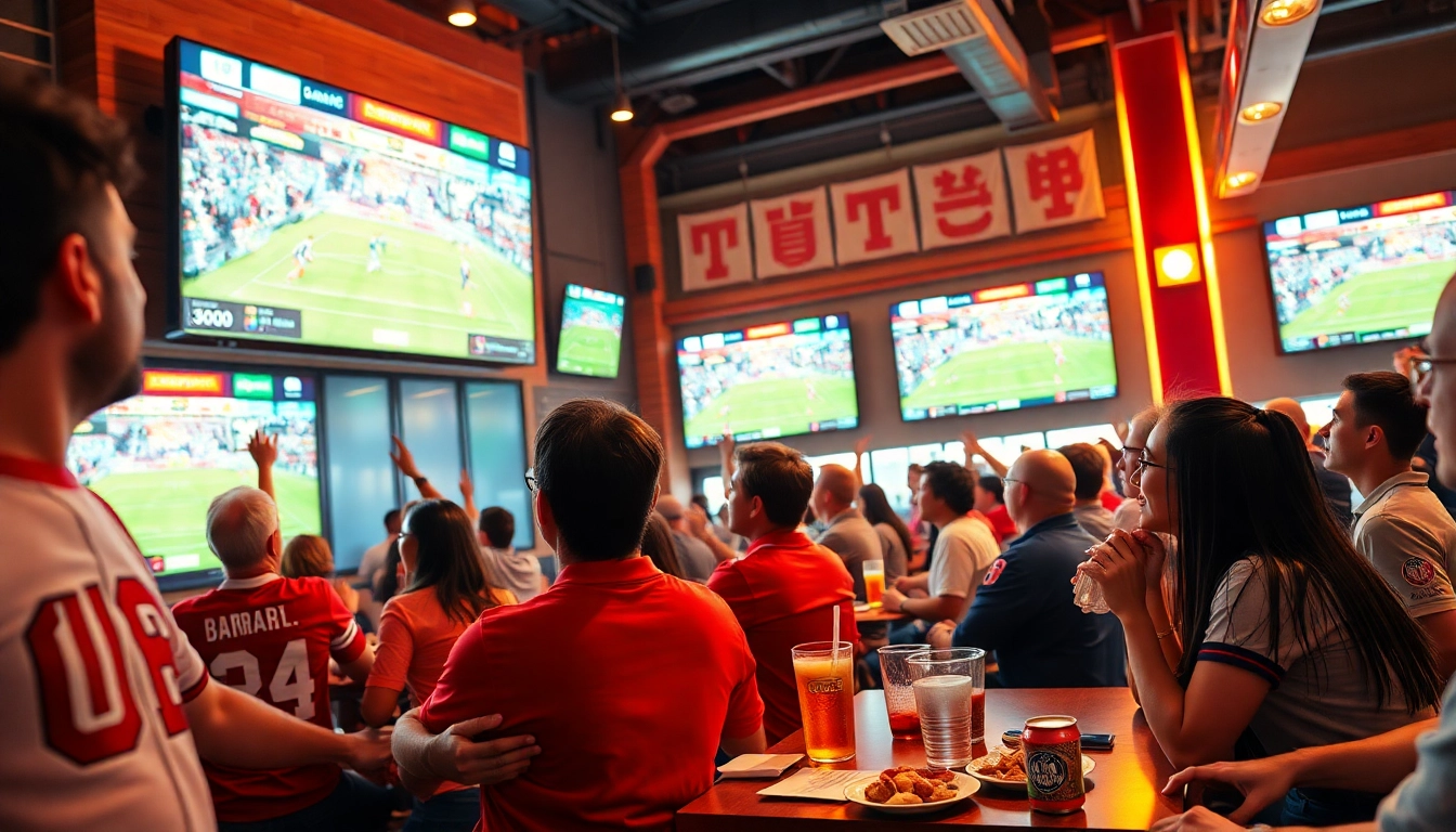 Excited fans engaging in live sports betting at a bar, showcasing the 토토스토리 experience.