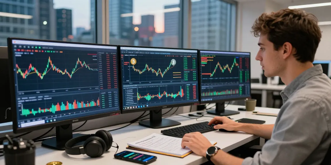 Bitcoin live price chart displayed on multiple screens in an energetic trading environment