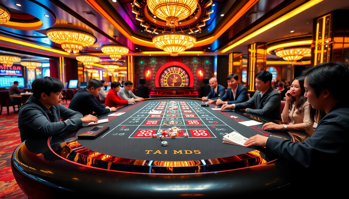 Engaging players at a Tài Xỉu MD5 gaming table in a vibrant casino environment.