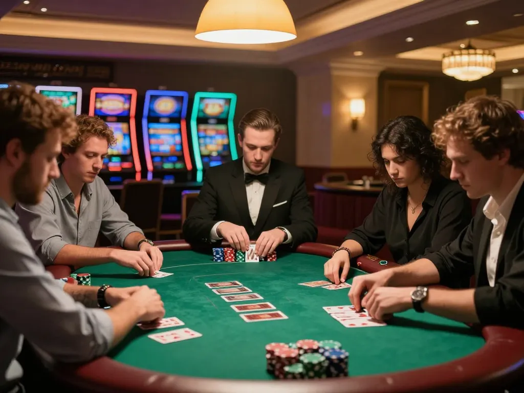 Experience high-stakes gameplay at JPTOTO poker table with engaged players and vibrant atmosphere.
