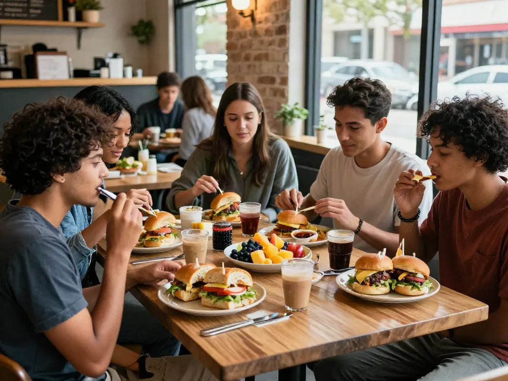 Best breakfast in Austin showcased as friends enjoy diverse NYC-inspired sandwiches in a cozy café atmosphere.