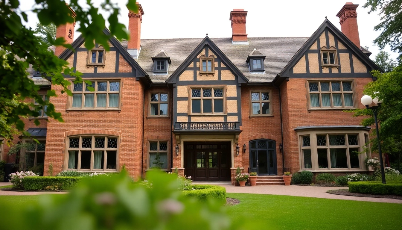 Showcasing Wellesley Tudor Expansion with elegant brickwork in a relaxing garden setting.