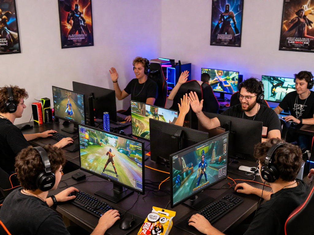 Engaged gamers celebrating their bonus new member welcome in an energetic online gaming environment, showcasing excitement and community.