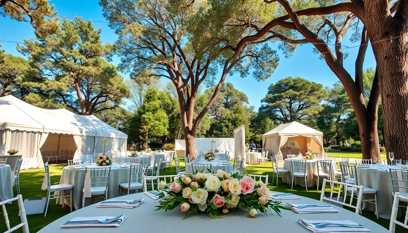 Set up for Event Rentals featuring elegant tents and decor in a natural park.