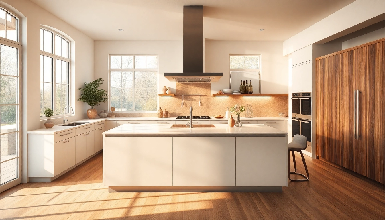 Kitchen remodeling near me featuring a modern island and bright lighting in an inviting open space.