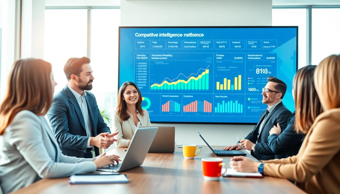 Analyze competitive intelligence faqs in a dynamic office setting with engaged professionals.