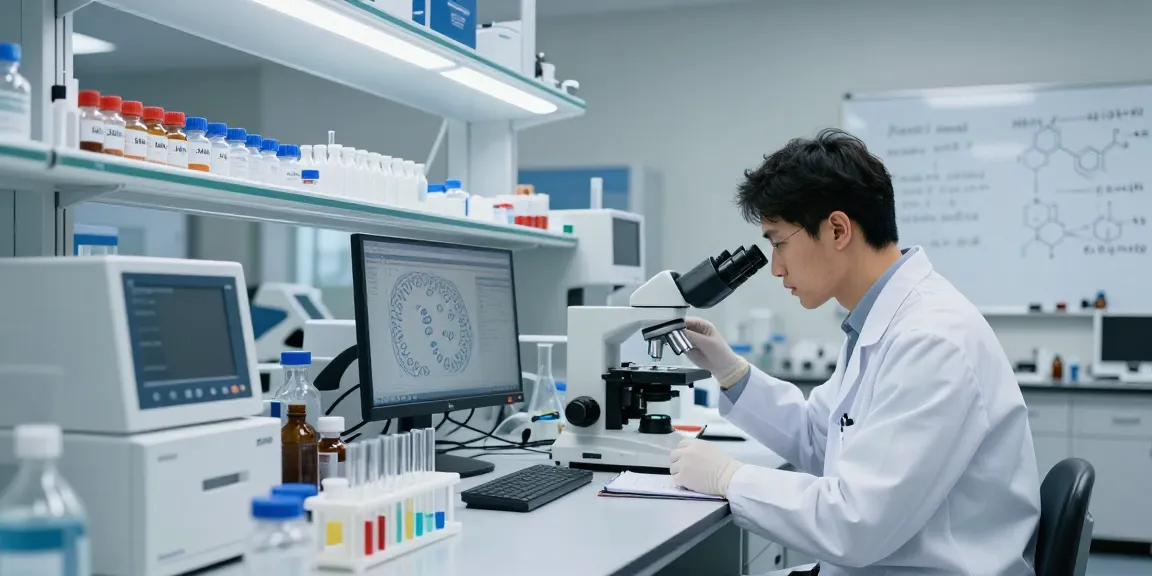 Research scientist analyzing Swiss Chems peptides in a modern laboratory, showcasing advanced analytical equipment and a focus on precision.
