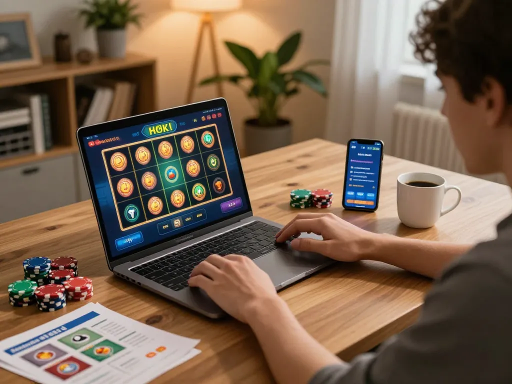 Person playing hoki slot on laptop in a cozy home gaming setup with poker chips and strategy notes.