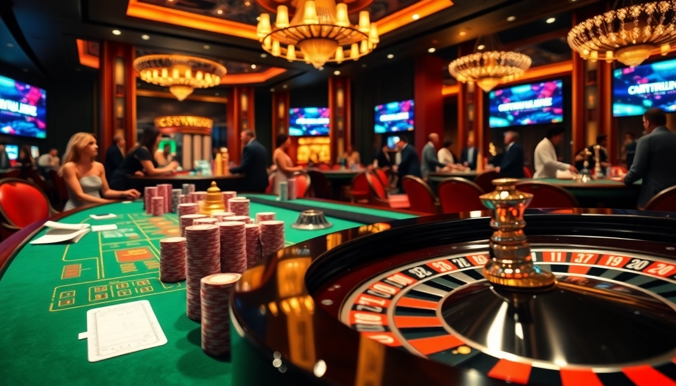 Un groupe diversifié de joueurs profitant d'un jeu au meilleur casino en ligne, avec des jetons de poker et une roue de roulette dans un cadre luxueux.
