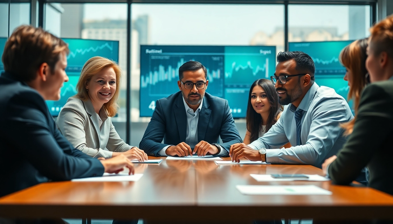 BizTrader business professionals engaged in a negotiation in a modern office.