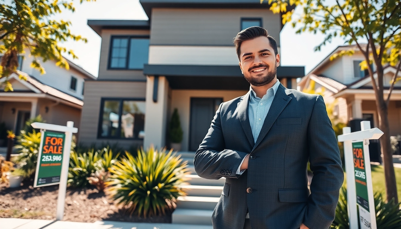 Showcase a real estate agent in front of a modern home, emphasizing professionalism and approachability.