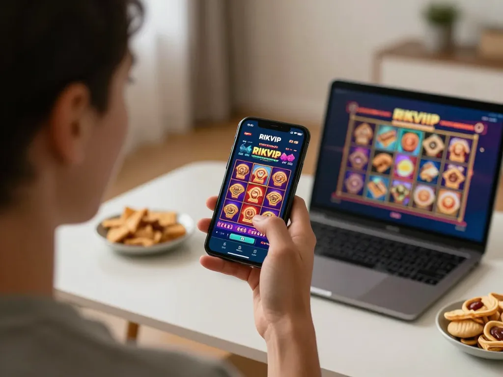 Player enjoying RIKVIP's mobile casino app, showcasing vibrant slot game play on smartphone.