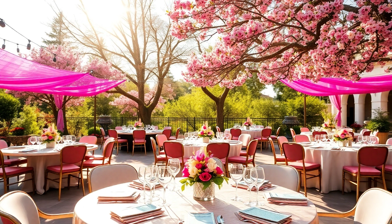 Event Rentals arranged beautifully in a garden venue with vibrant decor.