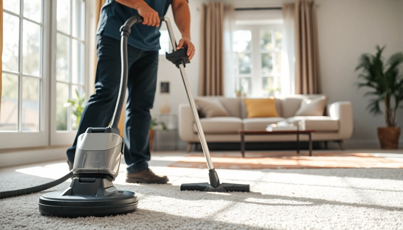 Carpet cleaning business technician working in a bright living room with clean carpets.