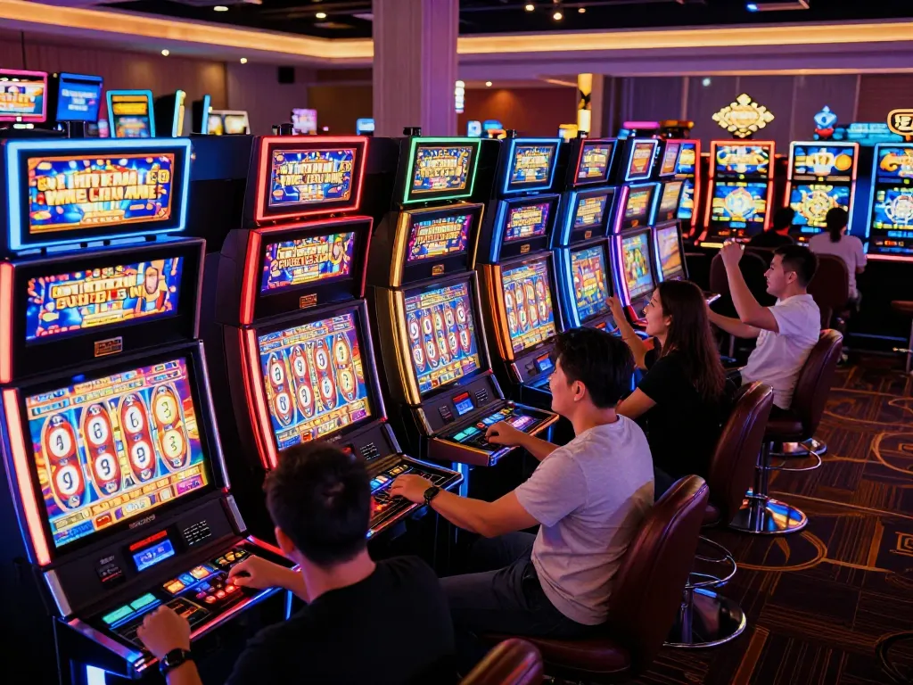 Players enjoying lively slot machine games, experiencing excitement and wins in a vibrant casino environment featuring giường bệnh nhân themed slots