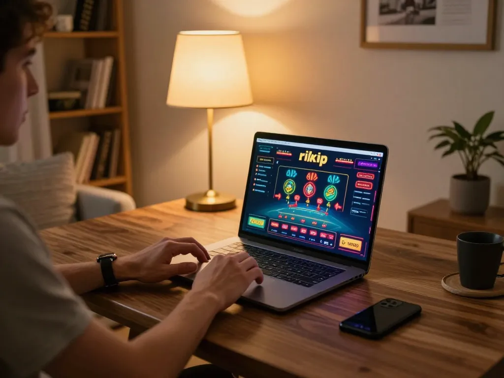 Person enjoying a live dealer game on rikvip with an inviting home setup and warm lighting