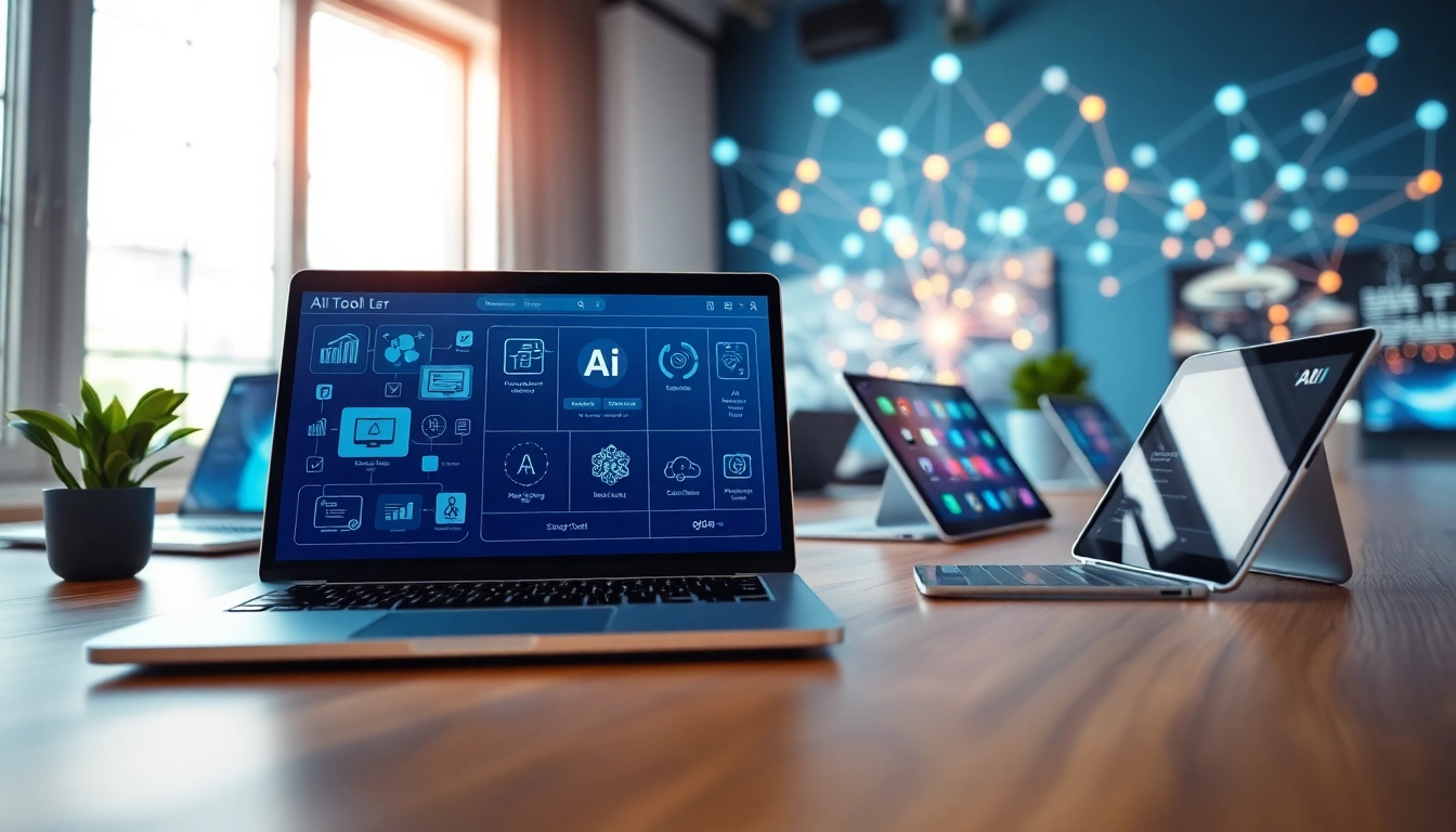 Explore features of an ai tool marketplace through a vibrant professional workspace.