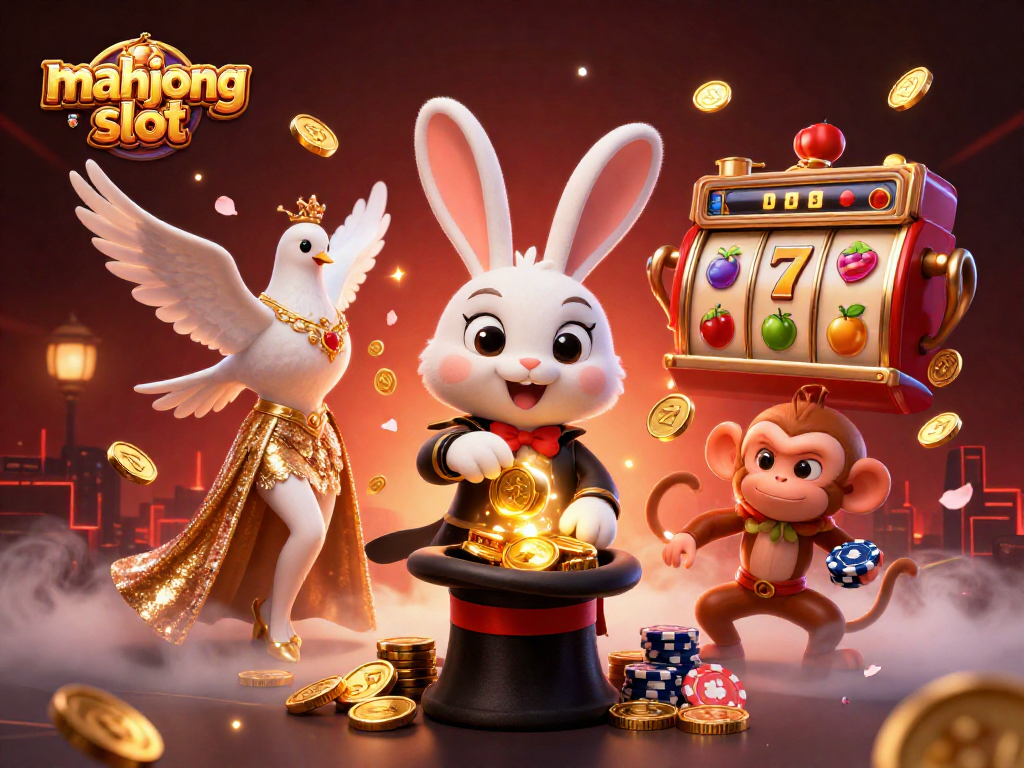 Menang besar dengan mahjong slot, simbol keberuntungan berkilau dan koin emas menyebar di seluruh gambar.