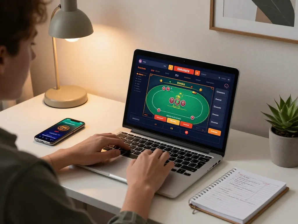 Player using CM88 for strategic online casino gaming at a cozy home setup