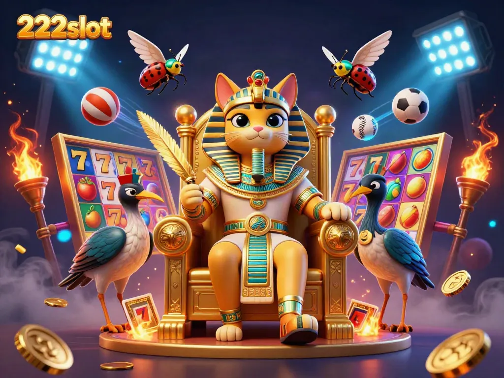 Slot menarik di 222slot dengan karakter kucing firaun dan elemen kasino yang memukau.